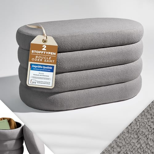 Blumtal Sitzbank mit Stauraum oval, Bouclé-Bezug - robuste Sitztruhe mit Stauraum & Bouclé-Stoff-Bezug extra weich 76 x 42 x 42.5 cm - Sitzbank Schlafzimmer - Ottoman Grau