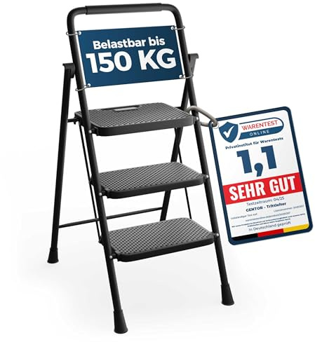 Trittleiter Haushaltsleiter Tritthocker 3 Stufen klappbar 150kg rutschfest | Step Ladder Foldable, kompakt platzsparend Tragbar, Küche Bad Wohnen Werkstatt Büro Garage Camping