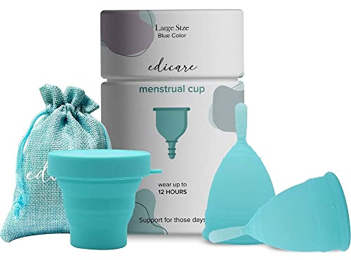 Edicare, Menstruationstasse, Menstrual Cup, Enthält zwei Tassen, 1 Sterilisator und 1 Tragetasche, Medizinisches Silikon, Weich, 100% Sicher (Original Edition, L)