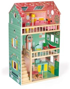 Janod - Happy Day Holz-Puppenhaus, 3 Etagen und mit 12 Zubehörteilen, Spielzeugnachbildung, entwickelt die Fantasie, ab 3 Jahren, J06580