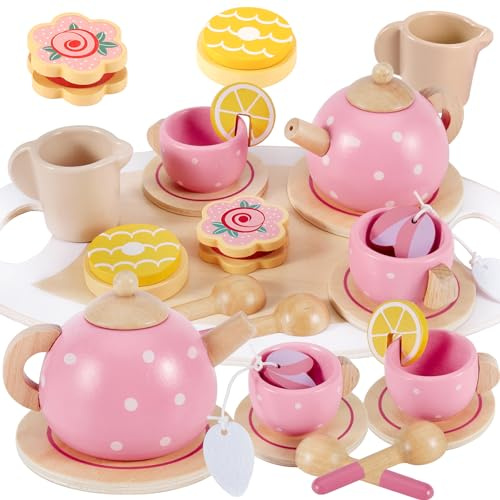AOLEVA Teeservice Kinder Holz Spielküche Zubehör, Puppenzubehör für Kinder | Tee Set Teeparty Kinderküche Holzspielzeug Kindergeschirr Rollenspiele Geschenk für 2 3 4 Kinder Mädchen Jungen, Rosa