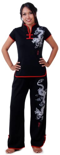 PRINCESS OF ASIA Asien Damen Frauen Drachen Yoga Trainingsanzug, Tai Chi, Hausanzug & Meditations Anzug Baumwolle S M L XL (Schwarz, S-M)