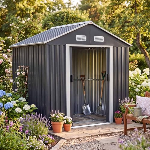 GARDEBRUK® XL Metall Gerätehaus 2m² mit Fundament 196x132x188cm Schiebetür Anthrazit Geräteschuppen Gartenhaus Schrank 4m³