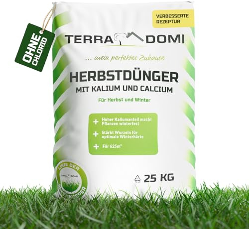 TerraDomi Rasendünger Herbst 25kg für 625m² | ohne Chlorid | Kalium Dünger für starke Wurzeln macht den Rasen winterfest | fördert Langzeitwirkung | streuwagengeeignet | Herbstdünger Rasen