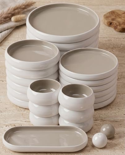 BAVARY Chubby Porzellan-Geschirrset 27-tlg. für 6 Personen, Weiß-Taupe
