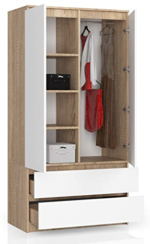 BDW Kleiderschränk 2 Türen, 4 Einlegeböden, Kleiderständer, 2 Schubladen, Mehrzweckschrank, Schubladenschrank, Garderobenschrank für Schlafzimmer, Wohnräume, 180x90x51cm, Eiche Sonoma/Weiß