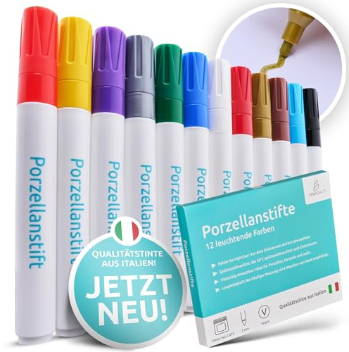 Brandalo® Premium 12er Set Porzellanstifte spülmaschinenfest - Keramik bemalen Set Keramik Stifte spülmaschinen fest Porzellanfarbe spülmaschinenfest Porzellan Stifte Porzellanmalstifte Keramikstifte