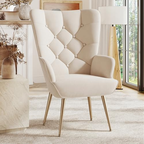 Aivermeil Samt-Ohrensessel, goldene Metallbeine, Cremebeige | Hohe Rückenlehne; Knopfheftung; gepolsterte Armlehnen; Lesesessel für Wohnzimmer, Schlafzimmer & Leseecke; bis 150 kg