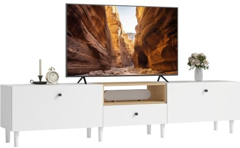 HOMCOM TV Schrank 200 cm für Fernseher bis zu 90 Zoll mit Schublade Weiß | TV Board, Lowboard, 2 Klapptüren, Soft-Close-Scharnieren, Fernsehtisch, für Wohnzimmer