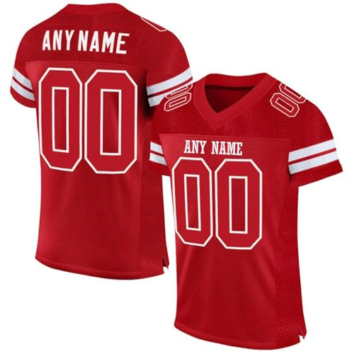Personalisiert American Football Trikots mit Team Name Number Logo Personalized Jerseys für Herren Damen Jugend Vorschule Schnelltrocknend Atmungsaktiv Sporthemden Rot