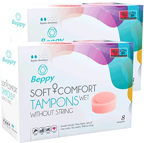 Beppy WET Comfort Tampons Doppelpack 2x8 Stück - ohne Fädchen, feucht, Schwamm Tampon, Freiheit während der Periode (Sauna, Schwimmen, Sport, Liebe)