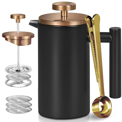 Wrobic Edelstahl French Press Kaffeepresse 600ml, doppelwandige isolierte French Press, für Kaffee und Tee, mit 3 zusätzlichen Sieben und einem Kaffeelöffel, schwarz