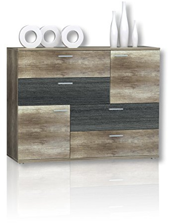 FORTE Skive Kommode mit 2 Türen und 4 Schubladen, Holzwerkstoff, Eiche Antik Dekor und Touchwood Dekor, 124.9 x 41.3 x 95.9 cm