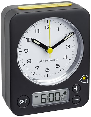 TFA Dostmann Combo Analog Wecker, 60.1511.01.07, mit Funkuhr, mit digitaler Alarmeinstellung, geräuschlose Tasten, schwarz-gelb,L 90 x B 40 x H 115 mm