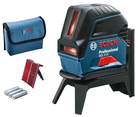 Bosch Professional Kreuzlinienlaser GCL 2-15 (roter Laser, Innenbereich, mit Lotpunkten, Arbeitsbereich: 15 m, 3x AA Batterien, Drehhalterung RM 1, Laserzieltafel, Schutztasche)