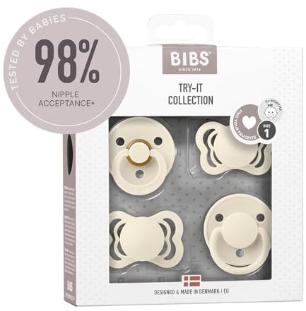 BIBS Try-it Schnuller, 0-6 Monate, 4er-Pack, Ivory | Verschiedene Saugerformen | Naturkautschuklatex & Silikon | Größe 1 | BPA-frei | Hergestellt in Dänemark | Hohe Akzeptanz