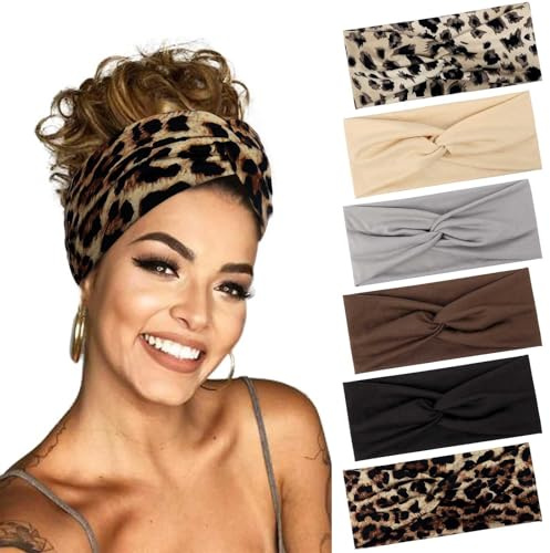 BELEVO 6 Stück Haarband Damen, Elastische Stirnband Damen Dünn Rutschfest Haarbänder Weiches Headband Hair Band für Yoga Exercise Workout Laufen Gym (Leopardenmuster, Einfarbig)