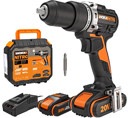 WORX NITRO WX352 Akku Schlagbohrschrauber Set 20V - bürstenloser Motor - zum Schrauben, Bohren und Schlagbohren - 60Nm - 2-Gang-Getriebe & LED-Licht - inkl. 2x20V 2Ah Akkus & 2A Schnellladegerät
