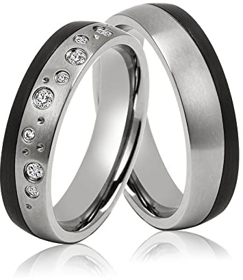 Partnerringe & Eheringe aus Titan Carbon – 5 mm Ringpaar mit Zirkonia, moderne Trauringe in schwarz und Silber farblich mit Gravur und Etui | 7014