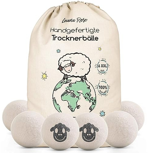 Luana Rose Trocknerbälle für Wäschetrockner -100% Schafwolle, Öko-Freundlicher Weichspüler, Sparen Sie Zeit & Energie- Perfekt Trockenball für Daunen - Tennisbälle zum Waschen -Set 6 Stkv