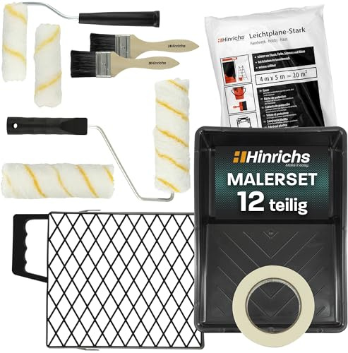 Hinrichs Malerset 12-teilig, Farbroller Set, Farbwanne, Pinsel, Kreppband | Streichset mit Farbwanne, Abstreifgitter, Abdeckplane, Kreppband, Pinseln, Farbwalzen und Steckbügeln für Innenräume