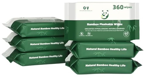 Bambus Feuchtes Toilettenpapier, Spülbar, 15x20cm Feuchttücher Toilettentücher, Enthaltend Aloe Vera, Biologisch Abbaubar, Geeignet für Frauen/Kinder/Erwachsene Naturfreundlich 360Stück (6-Packungen)