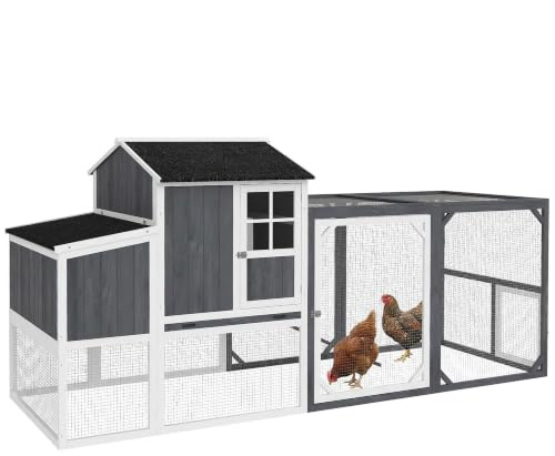 PawHut Hühnerstall mit Auslauf für 3-4 Hühner 236,5 x 91 x 114 cm Grau | Hühnerhaus aus Holz, Nistkasten, 2 Sitzstangen, Herausnehmbar Tablett, Rampe, Asphaltdach, Tür, Hühnergehege, für Garten