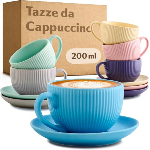Cosumy Cappuccinotassen Bunt mit Untertassen 6er Set - 200ml - Keramik Streifenmuster - Spülmaschinenfest - Cappuccino Tassen mit Henkel