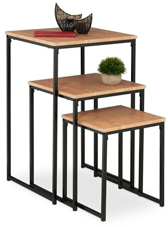 Relaxdays Beistelltisch 3er Set Metall quadratisch, Hellbraun/schwarz