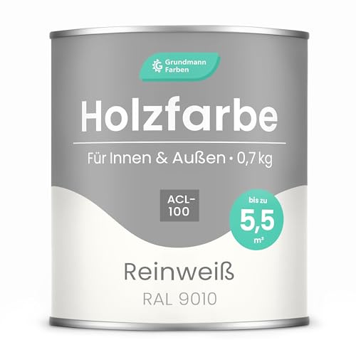 Grundmann Holzfarbe ACL 100 - Holzlack 0,7 Kg Weiss - 4in1 inkl. Grundierung - Seidenmatt - Wetterfest für Innen und Außen - RAL 9010 Reinweiss