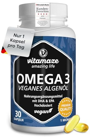 Omega 3 vegan & hochdosiert: 375 mg DHA & 125 mg EPA in nur 1 Kapsel, 1080 mg hochwertiges Algenöl für 1 Monat, höchste Bioverfügbarkeit