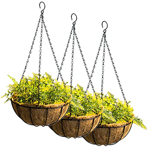 Tosnail 3 Stück Hängend Blumenampel mit Kokosfaser-Auskleidung, runder hängender Blumentopf, Metalldraht, Pflanzkorb Hängetopf Pflanzen für drinnen und draußen, Garten, 25 cm