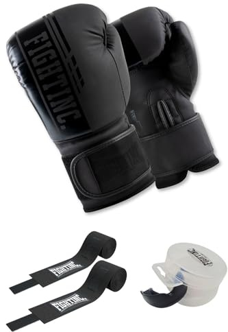 Fightinc. Set Boxhandschuhe + Boxbandagen + Mundschutz I Legacy - für Boxen Kickboxen Muay Thai MMA Kampfsport 8-16 Oz (Set I Mattschwarz (004), 14 Oz)