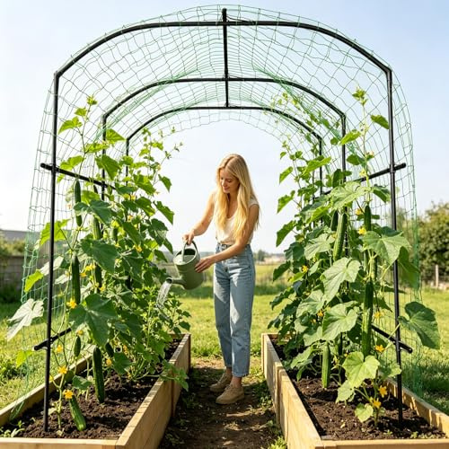 SUNYRISY Große Gurken Rankhilfe, Gartenbogen für Kletterpflanzen Rankhilfen, 220cm Hoher PE Beschichtete Metall Rankgitter mit Ranknetz, Rankbogen Rankgitter für Gurke, Blumen, Erbsen