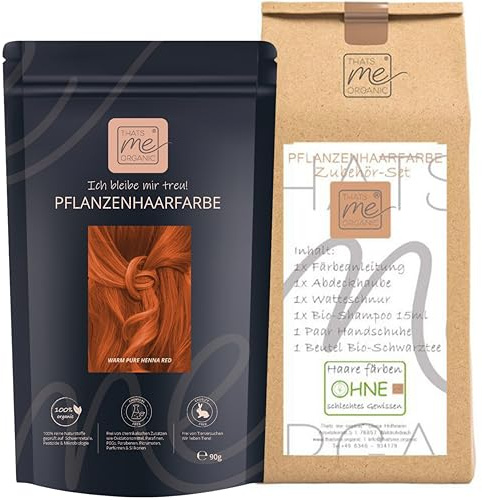 Thats me Organic® Profi Pflanzenhaarfarbe + Zubehörset (warm pure henna red) – Bio Haarfarbe ohne Chemie – Haarfarbe für gesundes Haarefärben auch während Schwangerschaft und Stillzeit