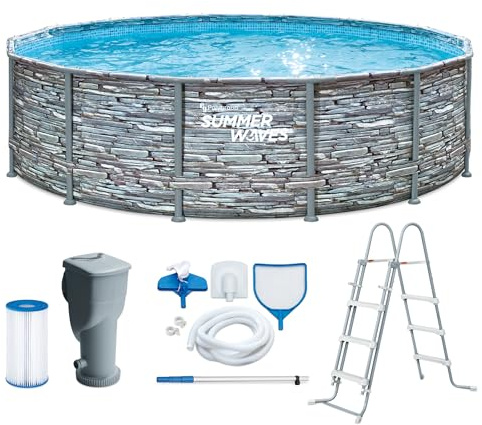 Summer Waves Frame Pool Komplettset | Rund 427x107 cm Steinoptik Grau | Aufstellpool Set | Gartenpool & Schwimmbecken inkl. Filterpumpe