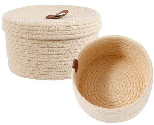 2er Set Aufbewahrungskorb Geflochten Rund Baumwollseil KöRbchen Aufbewahrung Mit Deckel Badezimmer Wickeltisch Organizer FüR Spielzeug Make-Up