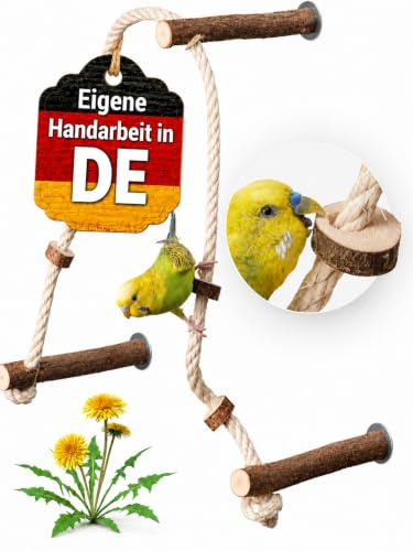 Vogelgaleria® Aufregendes Sitzseil BZW. Kletterseil mit 3 leckeren, verschiebbaren Naturholz Sitzstangen für Wellensittich, Nymphensittich & Co. für Vogelkäfig