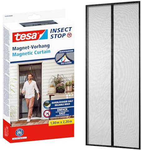 tesa INSECT STOP Magnetvorhang - selbstschließend - Insektenschutzvorhang mit Magneten für Balkon- und Terrassentüren - zur einfachen Montage ohne Bohren - 2,2 m x 1,0 m