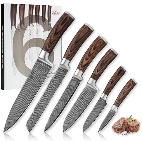 Wakoli 6er Damastmesser-Set aus 67 Lagen Damaststahl mit Pakkaholzgriffen | EDIB: Küchenmesserset mit VG10-Stahlkern; Kochmesser, Brotmesser, Fleischmesser, großes und kleines Santoku und Officemesser.