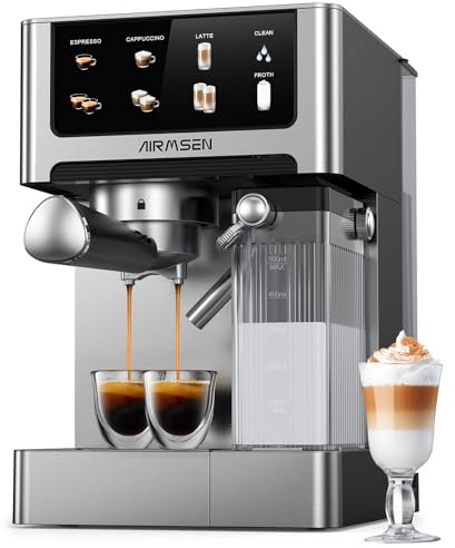 AIRMSEN Machine à Espresso 20 Bar – Cappuccino & Latte Cafetière, Machine a Cafe Double Chaudière (1350W & 1000W), Extraction en 15s, Acier Inoxydable, Amovible Réservoir d'Eau 1,8L, Écran Tactile