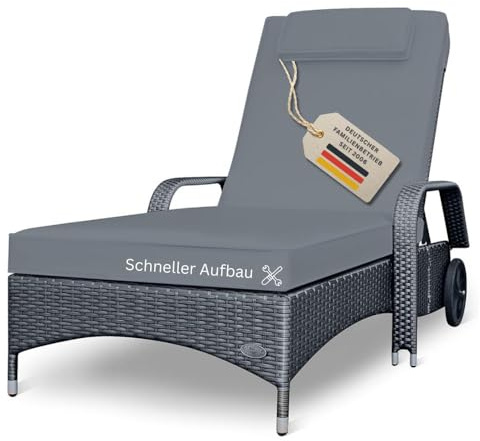 RS Trade Sonnenliege Gartenliege Wetterfest Rattan – XXL Relaxliege extra breit mit Rollen & Armlehnen, Verstellbar, bis 200kg, Outdoor Liege für Garten, Terrasse & Balkon, grau mit Grauer Auflage