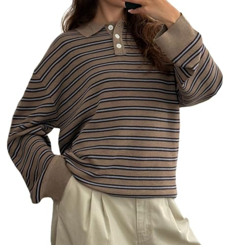 DSORVICD Rugby-Poloshirt für Damen, übergroß, langärmelig, Kragen, gestreift, Sweatshirt Y2k, adretter Pullover, Khaki, Klein