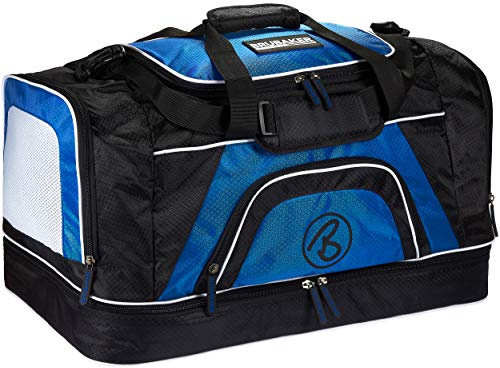 BRUBAKER 'Big Base' XXL Sporttasche 90 L - Schwarz / Blau | mit großem Nassfach als Bodenfach + Schuhfach