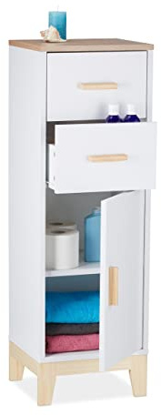 Relaxdays Badezimmerschrank, 2 Schubladen, Türfach, HxBxT: 97,5 x 32 x 28 cm, Bad & Flur, schmaler Midischrank, weiß