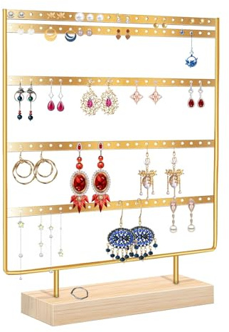 BoloShine Schmuckständer, Ohrringhalter Ohrring Ständer 5 Tier Metal Ohrring Organizer mit Holz Base, Ohrstecker Display Schmuckhalter für Frauen Mädchen Ohrringe Ohrstecker Halsketten (Gold)