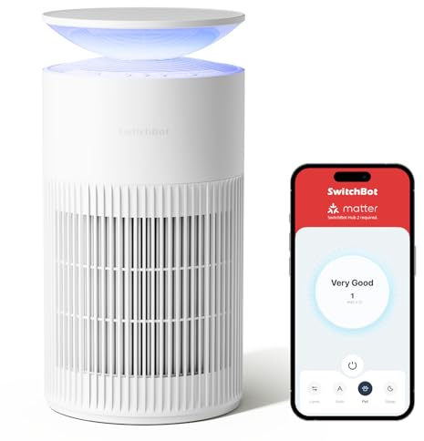 SwitchBot Luftreiniger mit App-Steuerung und Nachtlicht, CADR 400m³/h bis zu 83㎡ Zimmer, HEPA-Filter entfernt 99,97% Schimmel Staub Pollen, 20dB Schlafmodus, Haustiermodus für Familien mit Haustieren