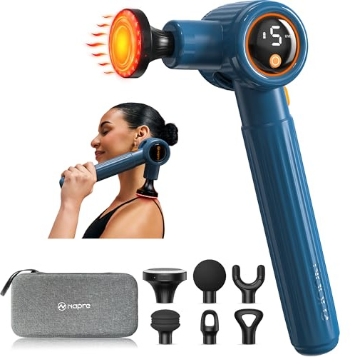 Massagepistole mit Wärmefunktion und Rotlichttherapie,Napre Massage Gun Massage Pistole mit Verlängerungs Griff und 3 Einstellbaren Winkeln,Muskel Percussion Massagegerät für Rücken/Nacke Entspannung