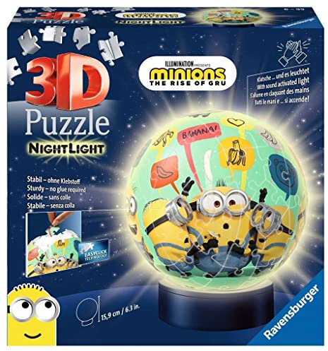 Ravensburger 3D Puzzle 11180 - Nachtlicht Puzzle-Ball Minions - 72 Teile - ab 6 Jahren, LED Nachttischlampe mit Klatsch-Mechanismus: Erlebe Puzzeln in der 3. Dimension (3D Puzzles)