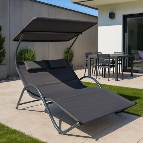 Gardissimo Doppel-Sonnenliege Style, Anthrazit, für 2 Personen | mit Sonnendach, mit Kopfkissen, Stahlrohr, Polyester, UV-Schutz 50+